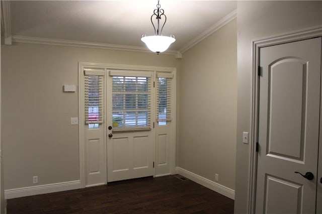 entryway featuring crown molding and dark hardwood / wood-style flooring