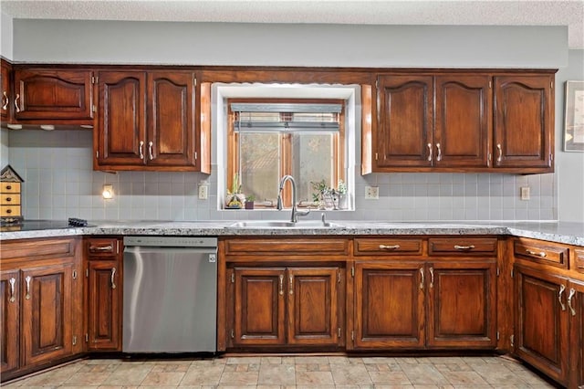 kitchen with dishwasher, decorative backsplash, black stovetop, and sink