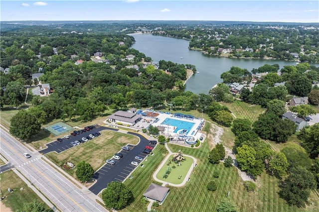 drone / aerial view with a water view