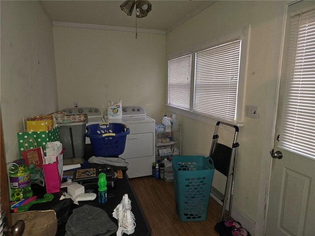 laundry area featuring ornamental molding, washer / clothes dryer, and dark wood-type flooring