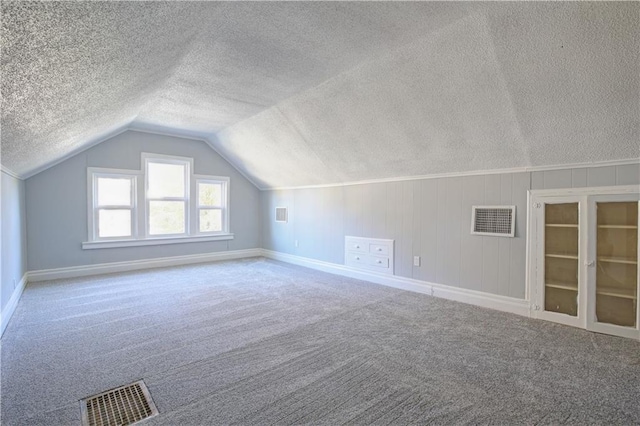 additional living space with carpet flooring, a textured ceiling, and vaulted ceiling