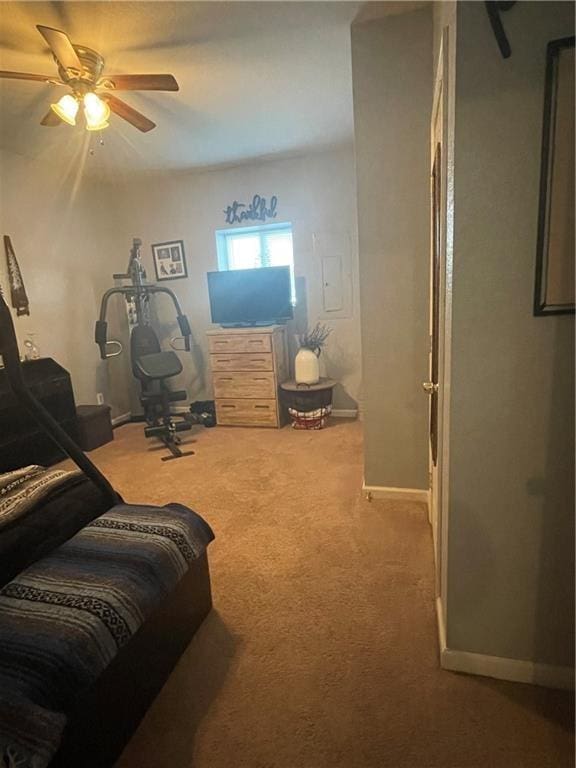 bedroom featuring carpet flooring and ceiling fan