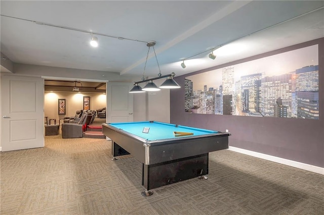 playroom featuring carpet floors, track lighting, and pool table