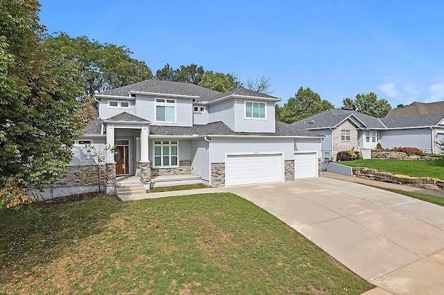 view of front facade featuring stucco siding, a front lawn, stone siding, concrete driveway, and an attached garage