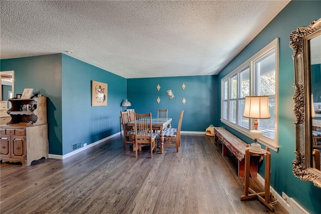 dining room with dark hardwood / wood-style flooring and a textured ceiling