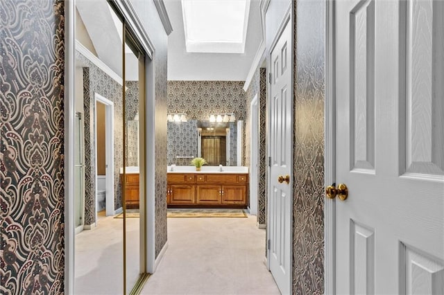 bathroom featuring vanity, a skylight, toilet, and walk in shower