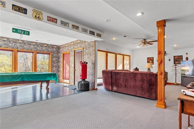 playroom with recessed lighting, visible vents, a ceiling fan, carpet, and decorative columns