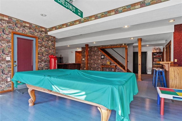 playroom with bar area, dark hardwood / wood-style flooring, and pool table