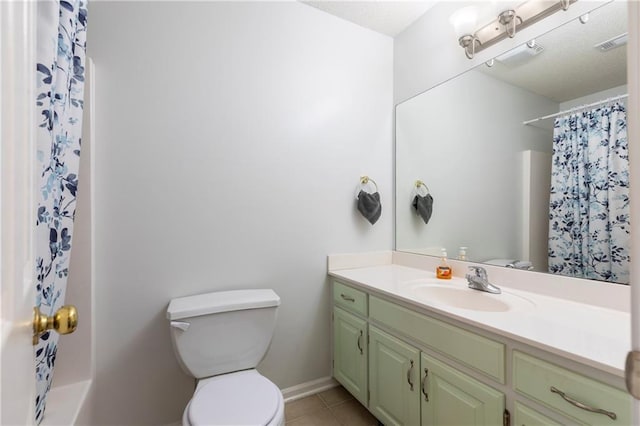 full bathroom featuring toilet, tile patterned floors, visible vents, vanity, and a shower with curtain