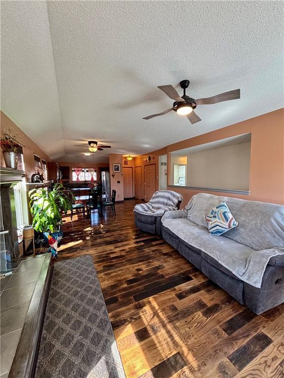 living room with ceiling fan, a textured ceiling, vaulted ceiling, and wood finished floors