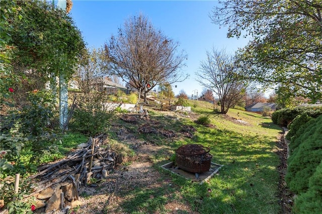 view of yard featuring an outdoor fire pit