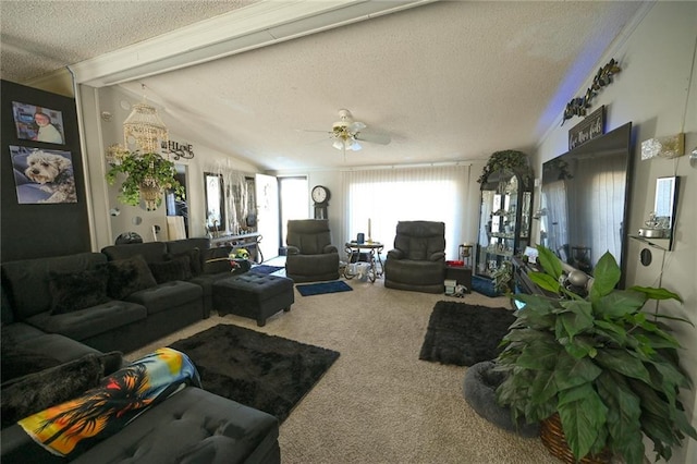 carpeted living room with ceiling fan, lofted ceiling, and a textured ceiling