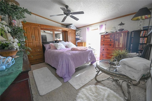 carpeted bedroom featuring ceiling fan, ornamental molding, a textured ceiling, and vaulted ceiling