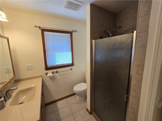 bathroom with tile patterned flooring, vanity, toilet, and a shower with shower door