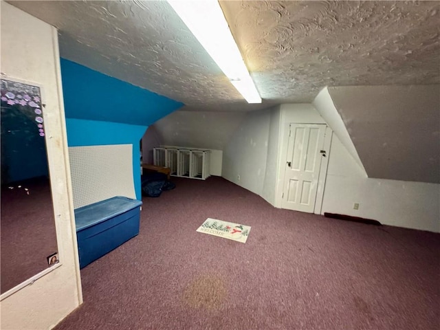 additional living space with lofted ceiling, a textured ceiling, and carpet floors