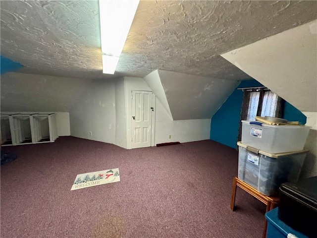 additional living space with carpet floors, a textured ceiling, and vaulted ceiling