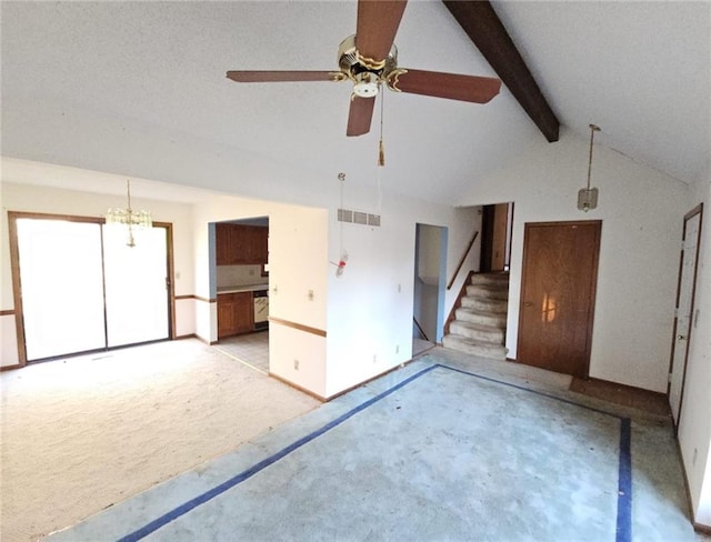 unfurnished living room featuring beam ceiling, high vaulted ceiling, light colored carpet, a textured ceiling, and ceiling fan with notable chandelier