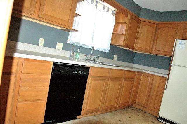 kitchen with backsplash, dishwasher, white refrigerator, and sink