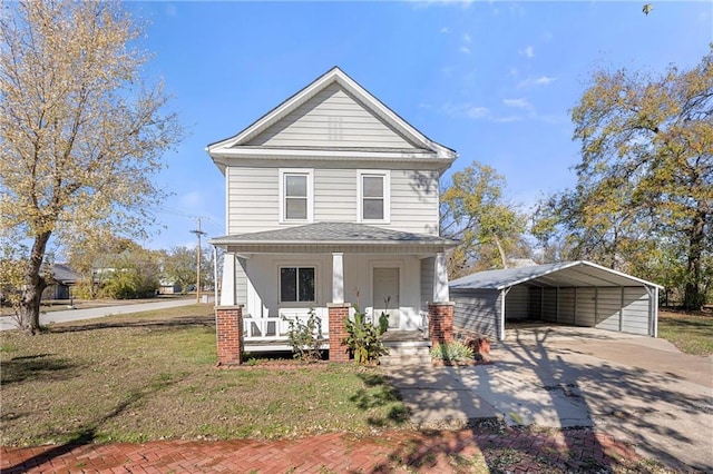 view of property with a carport, a porch, and a front yard