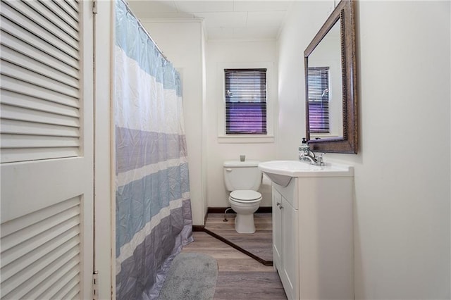 bathroom featuring wood-type flooring, vanity, and toilet