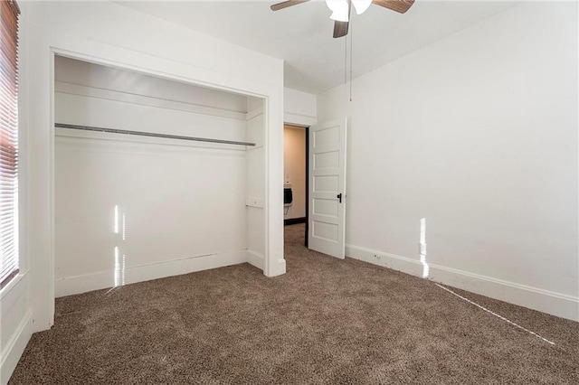 unfurnished bedroom with multiple windows, ceiling fan, a closet, and carpet