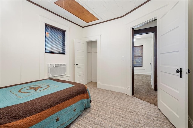 bedroom featuring carpet flooring, cooling unit, and crown molding