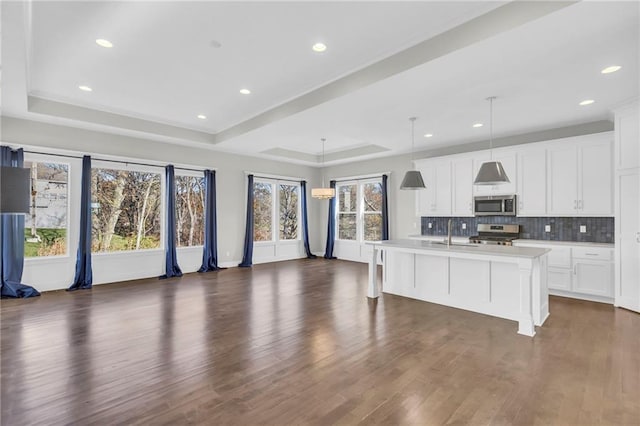 4520 NW 49th Ct, Riverside, MO 64150 - kitchen featuring stainless steel appliances, a tray ceiling, open floor plan, backsplash, and dark wood-style flooring