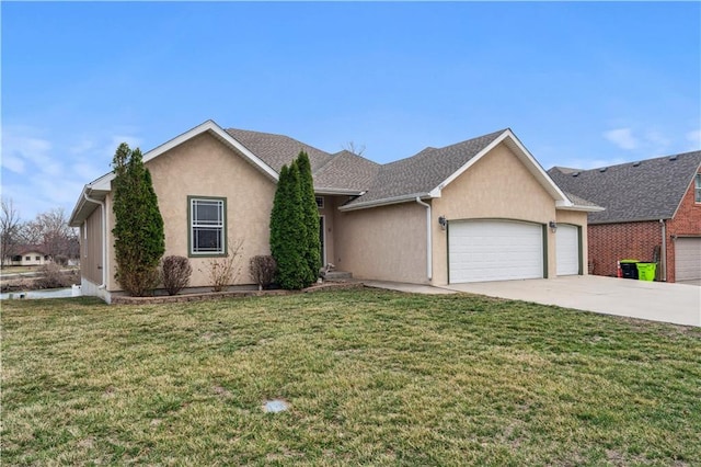 single story home featuring a front lawn, an attached garage, driveway, and stucco siding