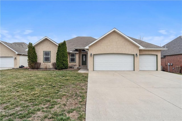 ranch-style house featuring stucco siding, an attached garage, concrete driveway, and a front lawn