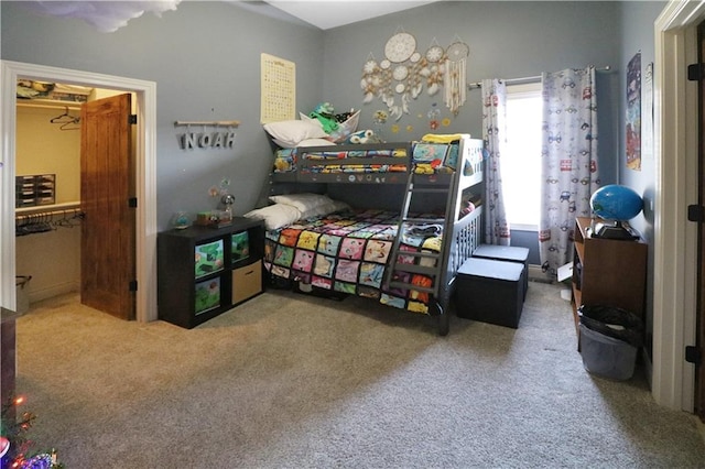 carpeted bedroom with a spacious closet and a closet