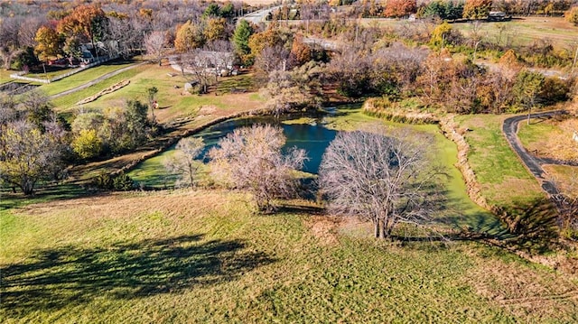 drone / aerial view featuring a water view and a rural view