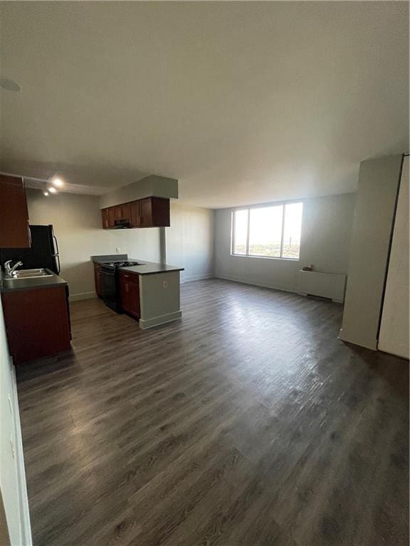 unfurnished living room with sink and dark wood-type flooring