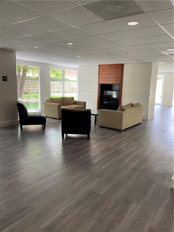 living room featuring a drop ceiling and dark hardwood / wood-style flooring