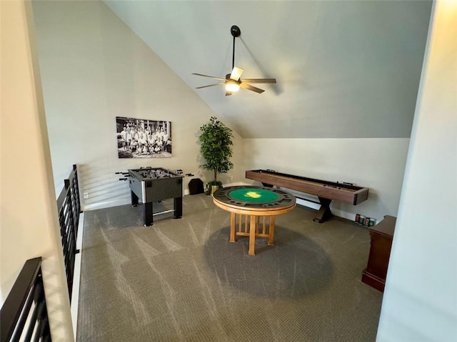 game room with carpet flooring, ceiling fan, and vaulted ceiling