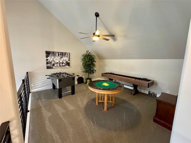 playroom with carpet flooring, vaulted ceiling, and ceiling fan