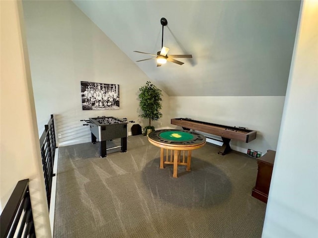 playroom featuring ceiling fan, lofted ceiling, and carpet flooring