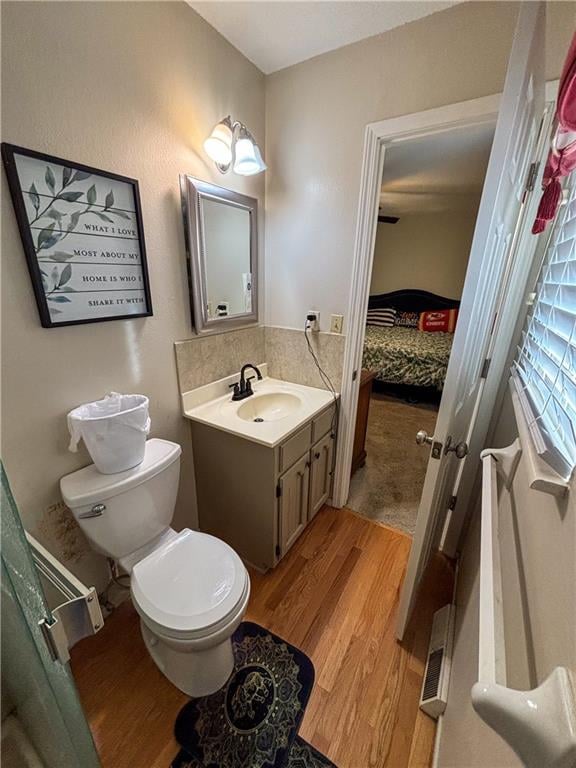 bathroom featuring vanity, wood-type flooring, and toilet