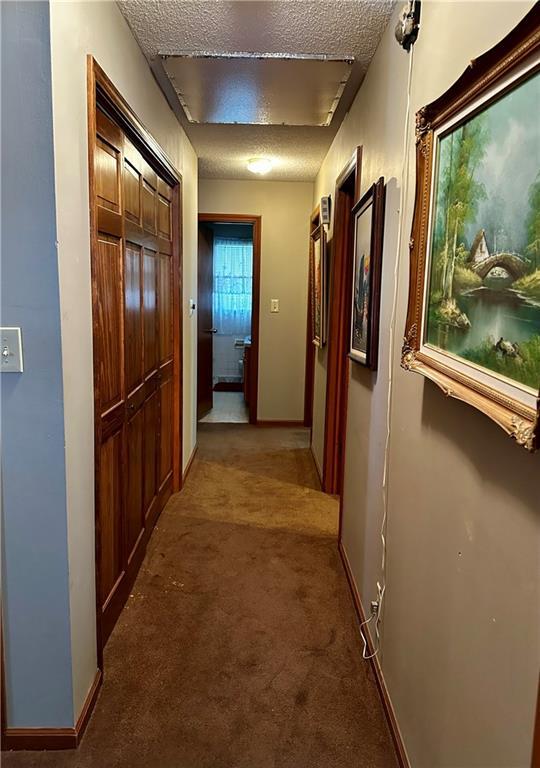 corridor with carpet and a textured ceiling