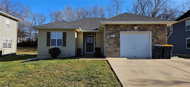 single story home with a front lawn and a garage