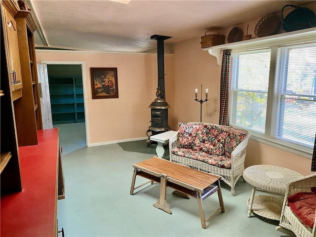 living area featuring concrete flooring and a wood stove