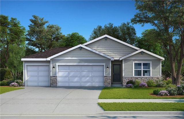 4421 SW Grindstone Cir, Lees Summit, MO 64082 - view of front of home featuring stone siding, concrete driveway, a front yard, and an attached garage