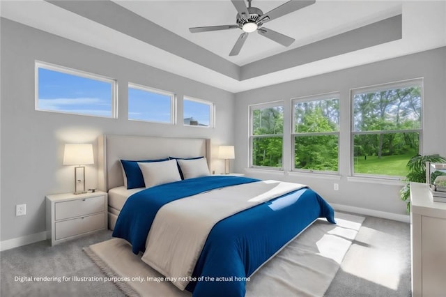 4421 SW Grindstone Cir, Lees Summit, MO 64082 - bedroom featuring baseboards, a tray ceiling, and light carpet