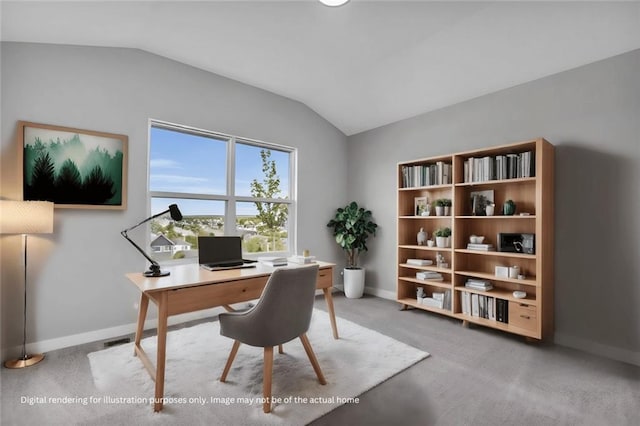 carpeted home office with vaulted ceiling