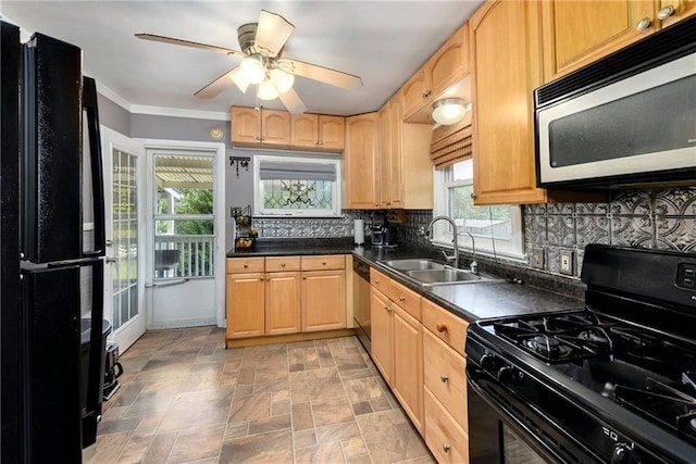 kitchen with black appliances, sink, ceiling fan, ornamental molding, and tasteful backsplash