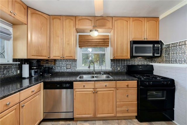 kitchen featuring appliances with stainless steel finishes, light brown cabinetry, tasteful backsplash, crown molding, and sink