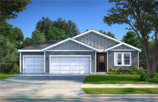 4420 SW Grindstone Cir, Lees Summit, MO 64082 - ranch-style house featuring board and batten siding, driveway, an attached garage, and a front yard