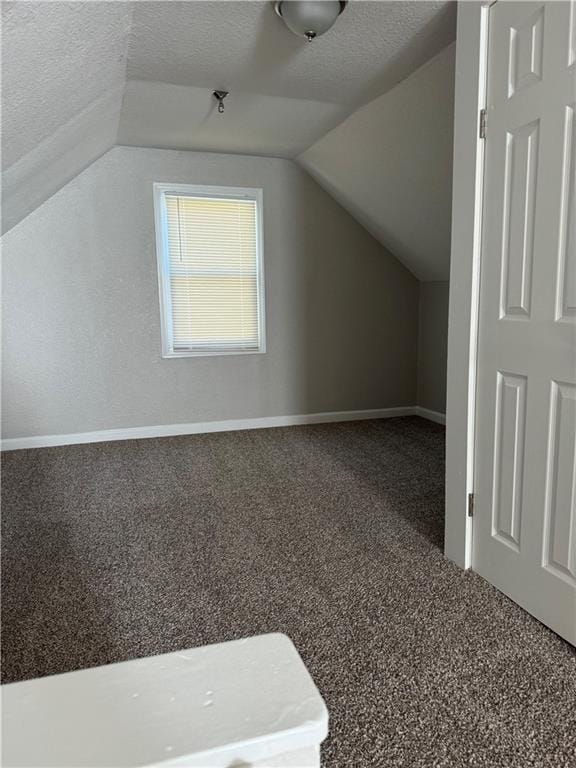 bonus room featuring carpet, a textured ceiling, and vaulted ceiling