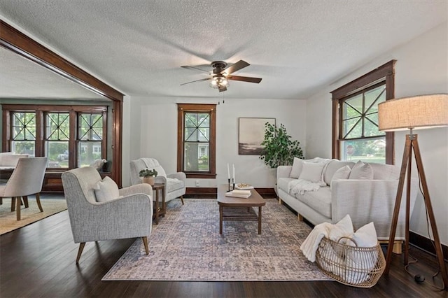 living room with dark hardwood / wood-style floors, a textured ceiling, and a wealth of natural light