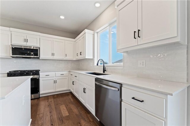 kitchen featuring white cabinets, stainless steel appliances, dark wood-style flooring, and a sink