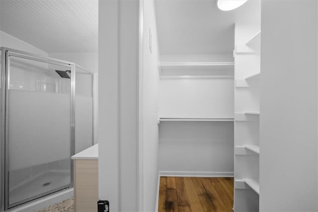 bathroom with baseboards, a spacious closet, wood finished floors, and a shower stall